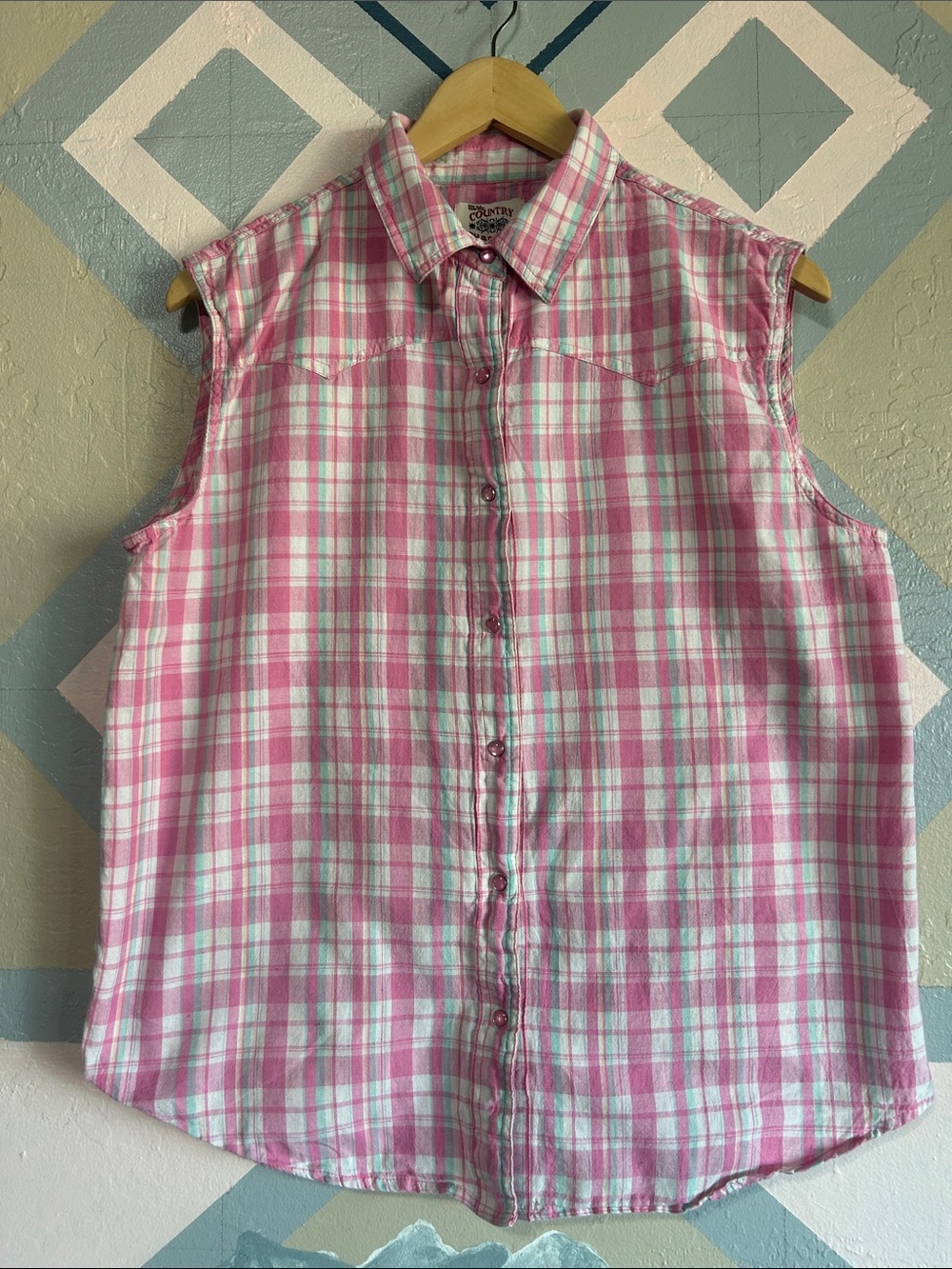 Sleeveless Pink Plaid Button-Front Shirt